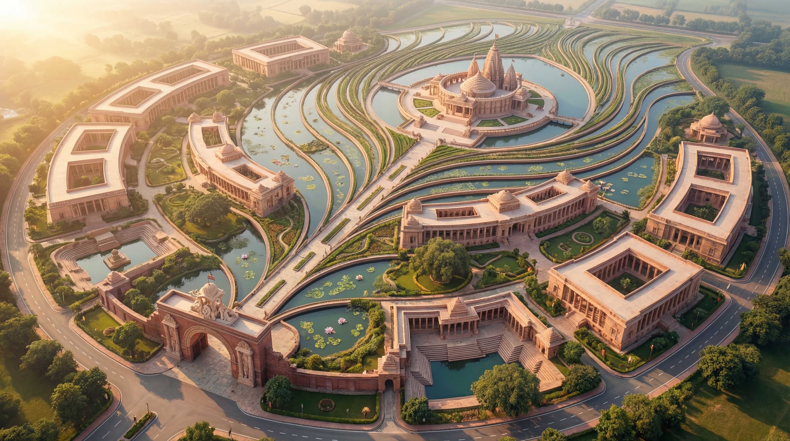 Aerial architectural concept for the envisioned Bhagavadgita University — a temple at the center of a campus of colonnaded halls, gardens and water channels